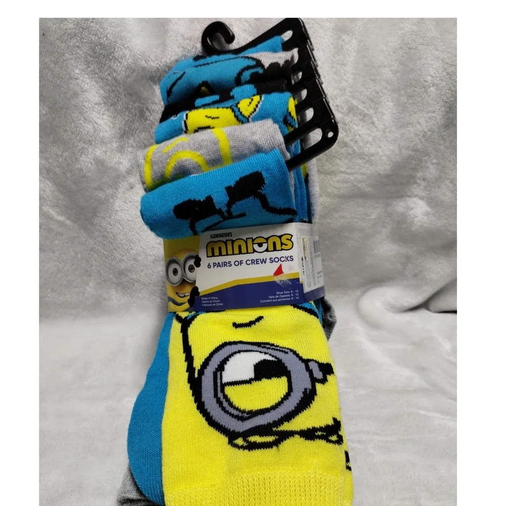 Minions Mens Crew Socks 6 Pair Pack‎ Shoe Size 6-12 Blue Yellow Grey New